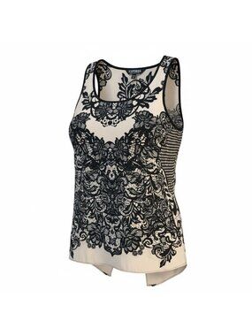 NEW Express Split Back Tank Top Black Cream Baroque Lace Print Womens Medium